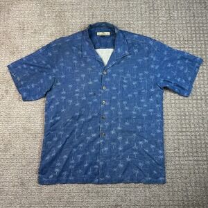 Tommy Bahama Mens Silk Palm Tree Print Camp Shirt Blue Short Sleeve Medium
